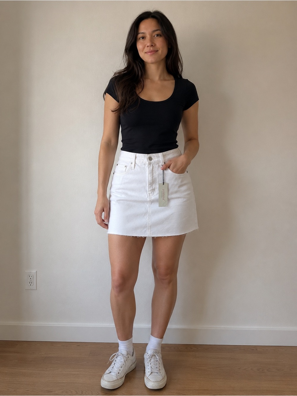 Just Black White Denim Mini Skirt with Raw Hem